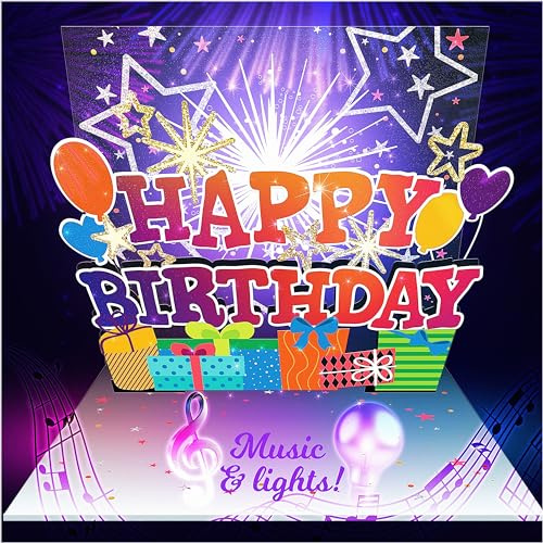 100 GREETINGS Fireworks Pop Up Happy Birthday Card - Singing Celebration Card with Light Show & Music, Unique Musical BDay Message for Women, Men, Mom, Grandma & Grandpa (1 LED)
