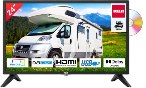 RCA RD24H2CU TV 24 pollici (TV 60 cm) con lettore DVD integrato per case mobili e caravan Adattatore per auto 12V, Dolby Audio, DVB-C/T2/S2, HDMI, USB, uscita audio digitale, 230V/12V
