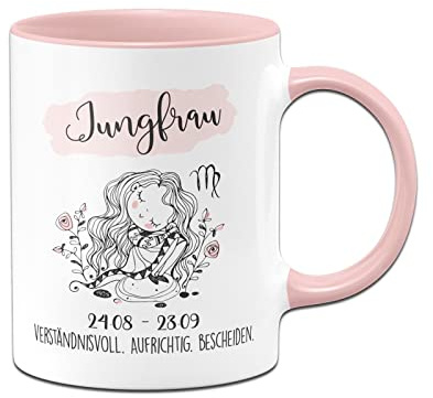 Tassenbrennerei Tasse mit Sternzeichen Jungfrau - Kaffeetasse Rosa als Geschenk zum Geburtstag, Horoskop, Astronomie (Jungfrau)