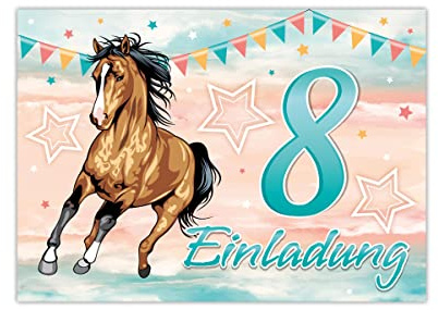 12 Einladungskarten zum 8. Kindergeburtstag achte Geburtstag Mädchen Pferd