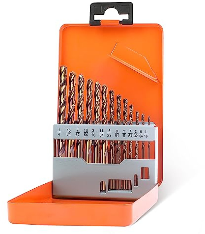 KENDO 13-teiliges Kobalt-Bohrer-Set (1/16 Zoll - 1/4 Zoll), M35 Hochgeschwindigkeitsstahl, 135-Grad-Spitze, Spiralbohrer-Länge für Hartmetall, Edelstahl, Gusseisen und Holz, mit