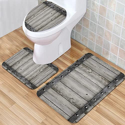 IUBBKI Badezimmermatte, rutschfeste Matte, Dustic Scheunentor Holz mit Metall Western Country Thema, Badematten-Set, 3-teilig, saugfähig, rutschfest, Badematte, WC-Vorleger, Badteppich für Bathr