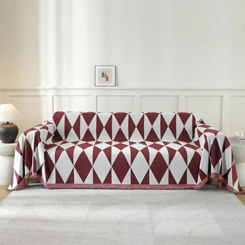Ystyle Universal Couchüberwürfe, 180x340 cm, Rot | Sofadecken mit Fransen Geometrisches Muster, Sofaschutz Hund Katze, Dekorativ Sofa Überzug Waschbar, Sofaüberwurf