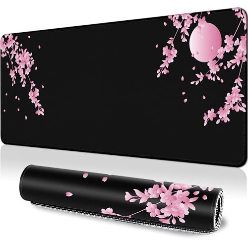 PTPLMM Gaming-Mauspad mit japanischer Kirschblüte, XL, rosa Sakura-Schreibtischmatte, Anime, großes Mauspad, lang, 80 x 30 cm, erweitertes großes Schreibtisch-Pad, schwarzes Mauspad mit rutschfester