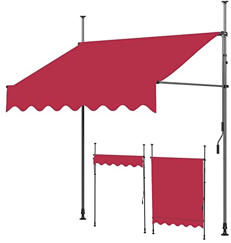 Markise Klemmmarkise Sonnensegel, einziehbar, manuell, rot, Sonnenschutz für den Außenbereich, ohne Schrauben, 2–3 m höhenverstellbar, UV-Schutz, faltbares Vordach für den Außenbereich, ideales Fenst