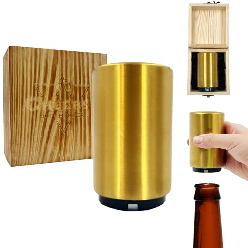 Daily Treasures Automatischer Flaschenöffner mit Magnet und Holzbox, Verschluss ohne Kappenbeschädigung - Edelstahl für Bars Männergeschenke (Gold)