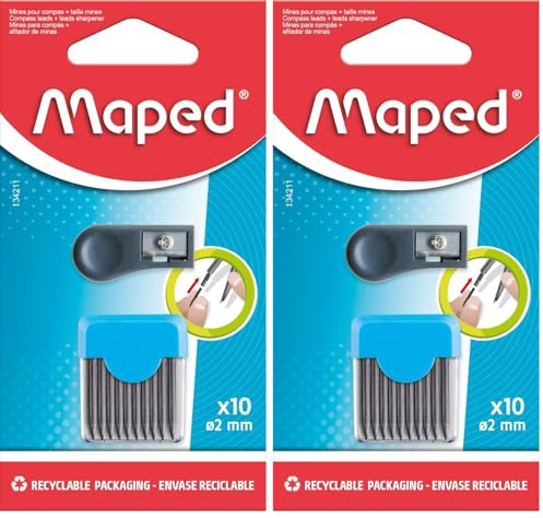 Maped - Étui Rigide de 10 Mines de Rechange 2 mm + 1 taille mines pour Recharge Compas Scolaire - Mine + taille mines Compas Maped avec Pointe 2 mm HB (Lot de 2)