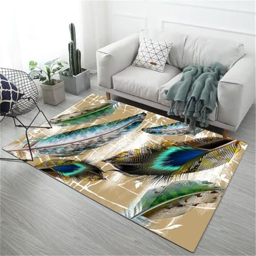 DJHWWD Alfombras Oficina BLU Alfombras para Cocina Patrón de Plumas Verdes Alfombra Elegante para Dormitorio fácil de cuidar Alfombra Pie De Cama 50x80CM