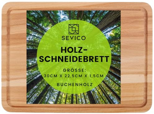 Schneidebrett Set 1 Stück aus Buchenholz | 30,5 x 22,5 x 1,5 cm | Ergonomisch, Beidseitig verwendbar, Mit Saftrille | Ideal für Küche und Servieren | Hochwertige EU-Qualität SEVICO