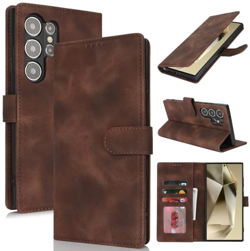 Zouzt Hülle für Samsung Galaxy S24 Ultra, PU Leder, Vintage Dunkelbraun | Handyhülle mit Kartenfächern, Magnet Klapp Schutzhülle, Stoßfeste TPU-Innenhülle, Frauen Männer, Leather Wallet Phone Case
