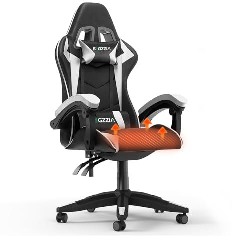 bigzzia Gaming Stuhl mit Beheiztem Sitzkissen, Ergonomische Gamer Stuhl mit Kissen und Lendenwirbelstütze, Gaming Chair Höhenverstellbarer PC Stuhl für Erwachsene (Beheizter Stil, Weiß)