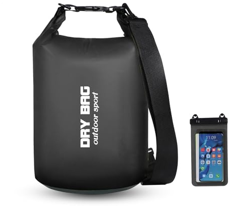 Dry Bag Wasserdichte Tasche und Wasserdichte Handyhülle, 5L/10L/15L Wasserdichter Beutel mit Schultergurt, Packsack Wasserdicht Roll Top für Schwimmen, Bootfahren, Rafting, Kajak Fahren (Schwarz, 10L)