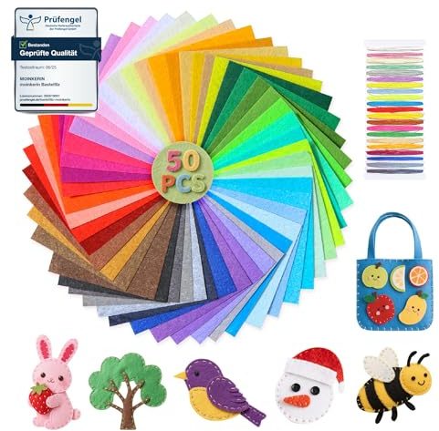 moinkerin Fieltro para Manualidades 50 Colores 10X10cm Hojas de Fieltro 1mm Fieltros para Manualidades,Trabajos Manuales de Bricolaje,Costura de Patchwork, Artesanías,Decoracioness(50 Piezas)