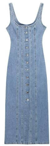 ZBJZUIMEI Abito Donna Invernale Denim da Donna in Denim Lungo Abbigliamento Abbottoni Senza Maniche Canotte Jean Maxi Abito con Tasche-Blu-m