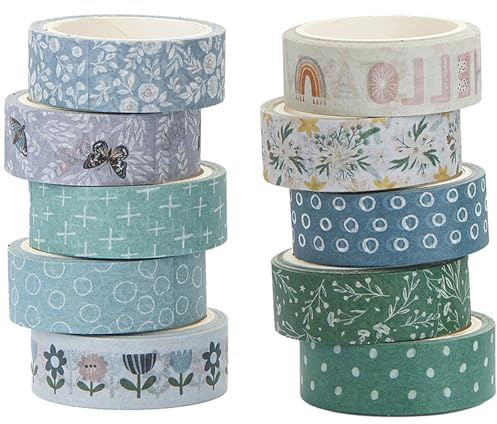 YUBX Boho Washi Tape Set 10 Rolls Cute Masking Graphic Floral Pattern Decorative Tapes for Arts, DIY Crafts, Journals, Planners, Scrapbook, Wrapping (Cool)