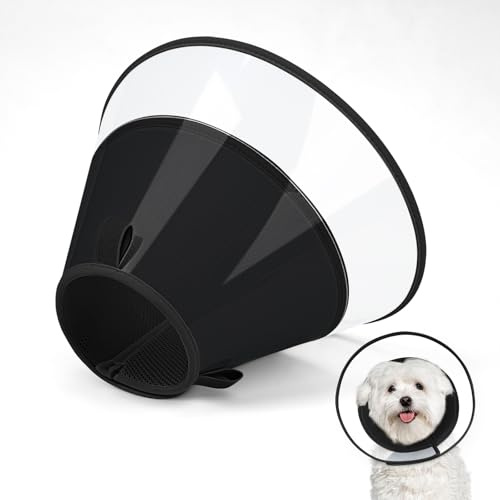 Supet Hundekegelhalsband mit weichem Polster, transparentes Elizabeth-Genesungshalsband für Hunde, um das Lecken nach Operationen, Kastration und Verletzungen zu stoppen(Black-S)
