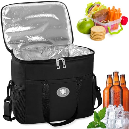 Insulated Portable Food Cooler with Side Pockets & Adjustable Shoulder Strapwith,Waterproof & Leakproof Thermal Lunch Box,Picnic Tote Bag for Work, Camping, BBQ, Travel, Outdoor, Party,Shopping(Black)