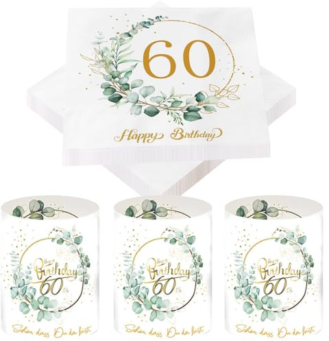 Glamifyr 20 Stück Servietten 60 Geburtstag Frau + 8 Stück Windlicht Tischdeko 60 Geburtstag Frau, Servietten Happy Birthday Servietten 60 Mann Servietten Eukalyptus Grün