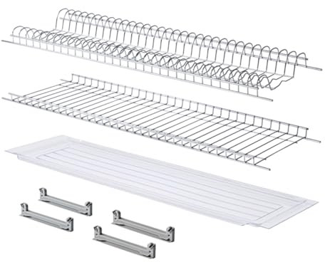 MAKKIORI Kit Scolapiatti | Griglia piatti e bicchieri con Vaschetta Raccogligoccie per Pensili Cucina | Acciaio cromo | Kit con Staffe (56 cm per pensile 60)
