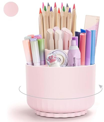 Rcbzzp 360° Drehbarer Pinsel Organizer, Grad Drehbar Stiftehalter, Rotierende Stiftehalter Schreibtisch Organizer mit 5 Fächern, für Lippenstift, Parfüm, Schreibwaren (Rosa)