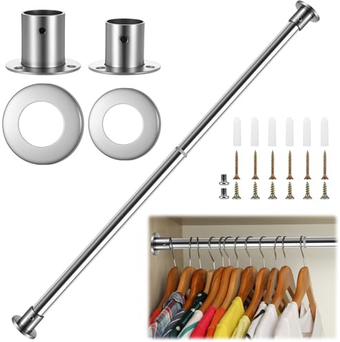 Extendable Wardrobe Rail 50-80cm Adjustable Closet Hanging Rod, Silver | Stainless Steel, Clothes Rail Pole with Fixing Sockets for Wardrobe, Balcony and Clothing Hanging