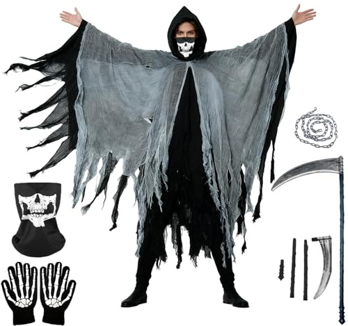 Atsmoce Disfraz de Parca para Adulto, Disfraz Muerte Halloween, Conjunto de Grim Reaper, con máscara, guantes, cadenas, hoz, talla única, unisex (B)