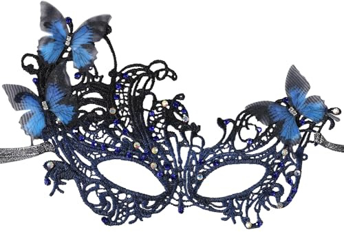 TAXTYHRE Maskerade Maske, Venezianische Spitze Augenmaske, Blau Sexy Damen Spitze Augenmaske, Spitzenmaske mit Strass Schmetterling, für Halloween Karneval Kostüm Cosplay Party