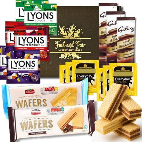Luxury Hot Drink Hamper with Lyons Coffee Bags, Everyday Tea, Hot Chocolate & Wafers – 16 Item Food Gift Set in Elegant Black & Gold Presentation Box – Fast and Fair