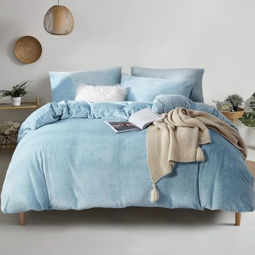 YASMENG Housse de Couette Flanelle 220x240 Hiver Chaude Bleu Clair Velours Laitier Parure de Lit Polaire Doux Douillet Duveteux Linge de Lit 2 Personne avec Fermeture Éclair et Taies d'oreiller 65x65