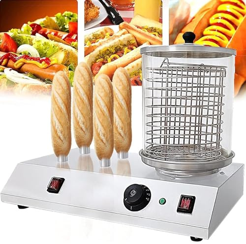 Commercial Hot Dog Roller Machine, Electric Sausage Grill Cooker Machine, with Temperature Control，Detachable Glass Cover&Heating Aluminum Rod, Stainless Steel Hot Dog Maker