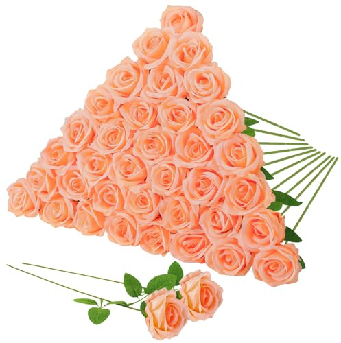 saerryor 36 Pcs Peach Pink Artificial Roses with Long Stems,Fake Silk Rose Artificial Flowers Bulk for Bridal Wedding Bouquet Centerpiece Ball Arrangement Party Decor