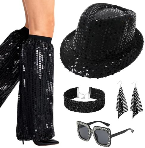 5 Stück 70er Jahre Disco Zubehör, Disco Outfit Damen mit Pailletten Stulpen Ohrringe Hüte Halsketten Glitzernde Sonnenbrillen, 70er Jahre Abba Kostüm Glitzer Accessoires für Fasching Karneval Party