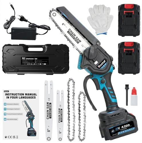 Bostar Mini Motosierra Batería 6 y 8 Pulgadas (2 en 1), Motor Sin Escobillas 1300W, 2 Baterías 4.0Ah (Compatible Makita), Engrase Automático & Tensado Sin Herramientas, Sierra Eléctrica Poda Jardín