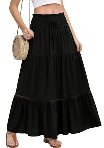 Fashora Jupe Longue d'été pour Femme Élastique Taille Haute Jupe Maxi Fluide A-Ligne Casual Élégante Jupe 2 en 1 Bohême Décontractée Vacances Plage