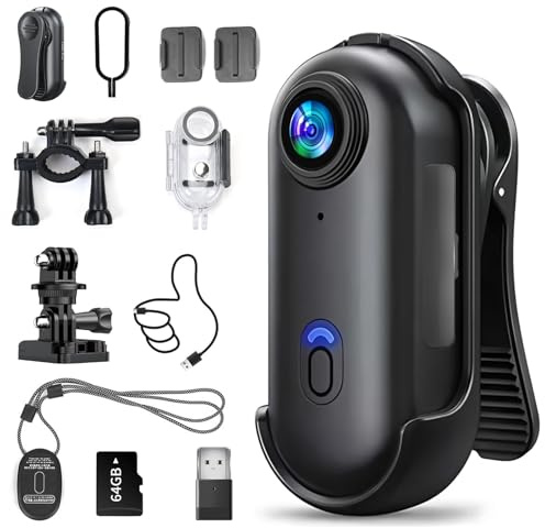 Mvellir Action Cam 1080P mit 64G Speicherkarte, Tragbare Kamera mit 360° Drehbarem Clip und Magnetclip, Unterwasserkamera, Freihand-POVs, Mini Sportkamera WiFi für Motorrad Kamera, Helmkamera, Vlog