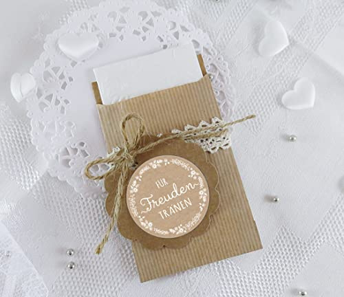 Freuden Tränen Taschentücher Set zur Hochzeit 48 Sticker + 48 braune Flachbeutel Kraftpapier - 63 x 93 mm für Freudentränen Taschentuch Verpackungen Aufkleber NATUR Kraftpapier Look