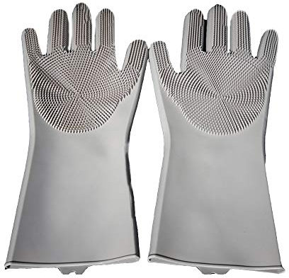 BaronHong Magic Silikon-Geschirrhandschuhe Scrubbing Cleaning-Dish Wash Silikon-Mehrweghandschuhe mit Scrubber, ideal zum Geschirrspülen, für Küche, Auto, Bad und mehr (1 Paar) (grau, M)