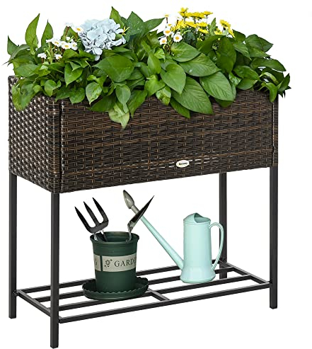 Outsunny Letto per Orto Rialzato, Fioriera Effetto Vimini con Ripiano, Aiuola Rialzata per Esterni e Interni, Marrone (70cm x 30cm x 70cm)
