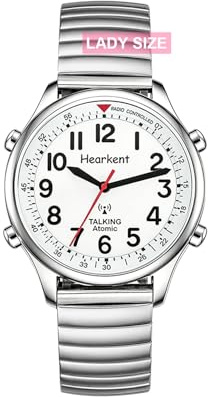 Hearkent Atomic British English Talking Watch para ciegos o discapacitados visuales o de baja visión, personas hombre y mujer, tamaño, Expansión plateada, woman,