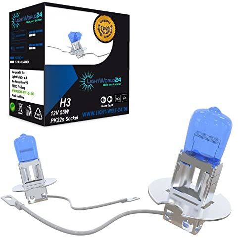LIGHTWORLD24 Halogen Auto Lampen H3 12V 6000K Kalt Weiß Xenon Optik Ultra White Look Birnen Lampe Abblendlicht Nebelscheinwerfer Fernlicht Kurvenlicht PK22s Sockel 2 Stück