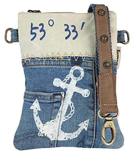 Sunsa Damen Maritim Umhängetasche. Kleine Bag aus Canvas & Recycelte Jeans | Nachhaltige Jeanstasche. Crossbody Bag für City Freizeit Festival und kleine Ausflüge. Damentasche als Geschenk für Frauen