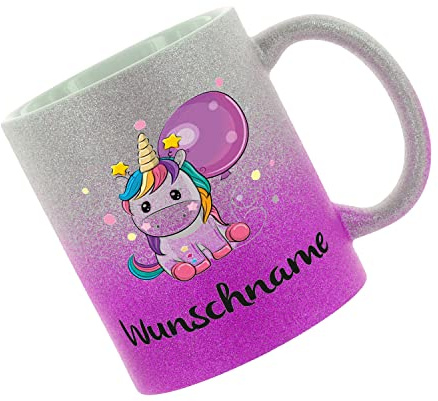 Crealuxe Farbverlauf-Glitzertasse (silber-purple) Wunschname Einhorn.. - Glitzertasse mit Farbverlauf - Kaffeetasse