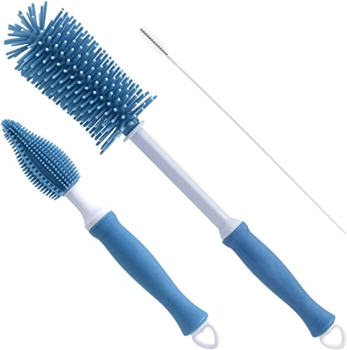 VOUM Bottle Cleaner Set, 3 in 1 Silicone Baby Bottle Brush, Travel Set Includes Silicone Bottle/Pacifier/Straw Brush,Silicon material,Blue