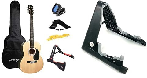 Martin Smith Akustikgitarren-Set mit Akustikgitarre in voller Größe, Gitarrenständer, Gitarrentuner, Gitarrentasche, Gitarrengurt, Gitarrenplektren und Ersatzsaiten & tragbare Klappgitarrenständer