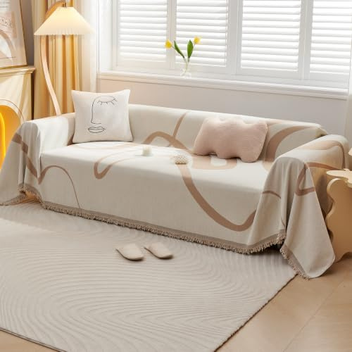 VanderHOME Copridivano Asciugamano da divano Decorativo Universale Tutte le stagioni Tessuta Nappe Cuscino divano Astratto Geometria Linea Multifunzione Morbido Coperte per Divano 180 * 130cm Khaki