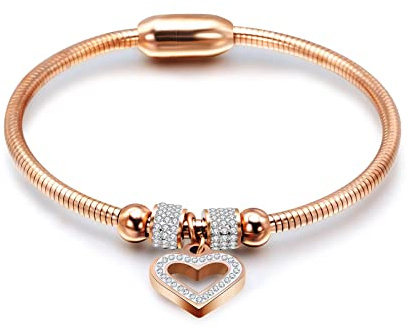 KunBead Jewelry Heart Charm Birthday Bracelet Stainless Steel Love Bangle Cuff Jewellery Bracelets for Women