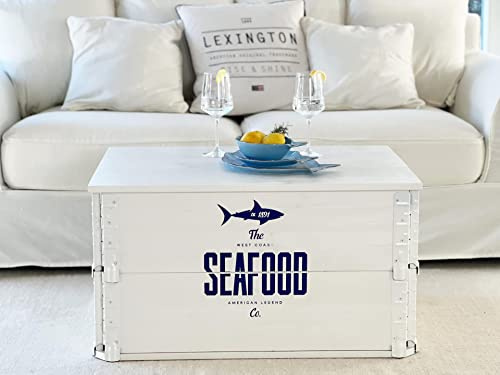 Uncle Joe´s Baúl Seafood - Mesa de café con estilo vintage shabby chic de madera maciza en color blanco con espacio de almacenamiento y tapa caja de madera mesa auxiliar de salón