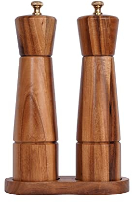 DeroTeno Set Macina Sale e Pepe con Vassoio per Macinino, Macina Sale Regorabile in Ceramica, Macina Pepe in Acciaio Inossidabile, in Legno di Acacia, Altezza 22 cm, Diametro del Fondo 5,5 cm
