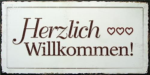 Placa decorativa de MDF con texto en alemán Herzlich Willkommen (20 x 40 cm), diseño vintage