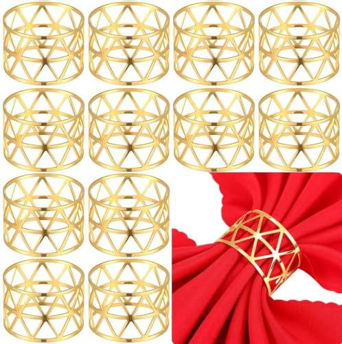 LATERN 12 Stück Goldene Serviettenringe, 4,5cm Weihnachtliche Hohle Serviettenhalter Dreieckige Serviettenschnalle für Weihnachten Mittagessen Thanksgiving Urlaub Hochzeit Party Tischdekoration